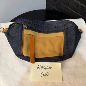 Parker Thatch Crossbody sling denim and tan suede.